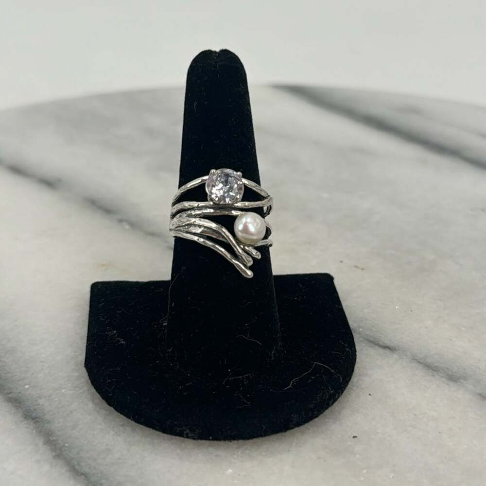 NWOT sterling silver real pearl cubic zirconia ring Size 8